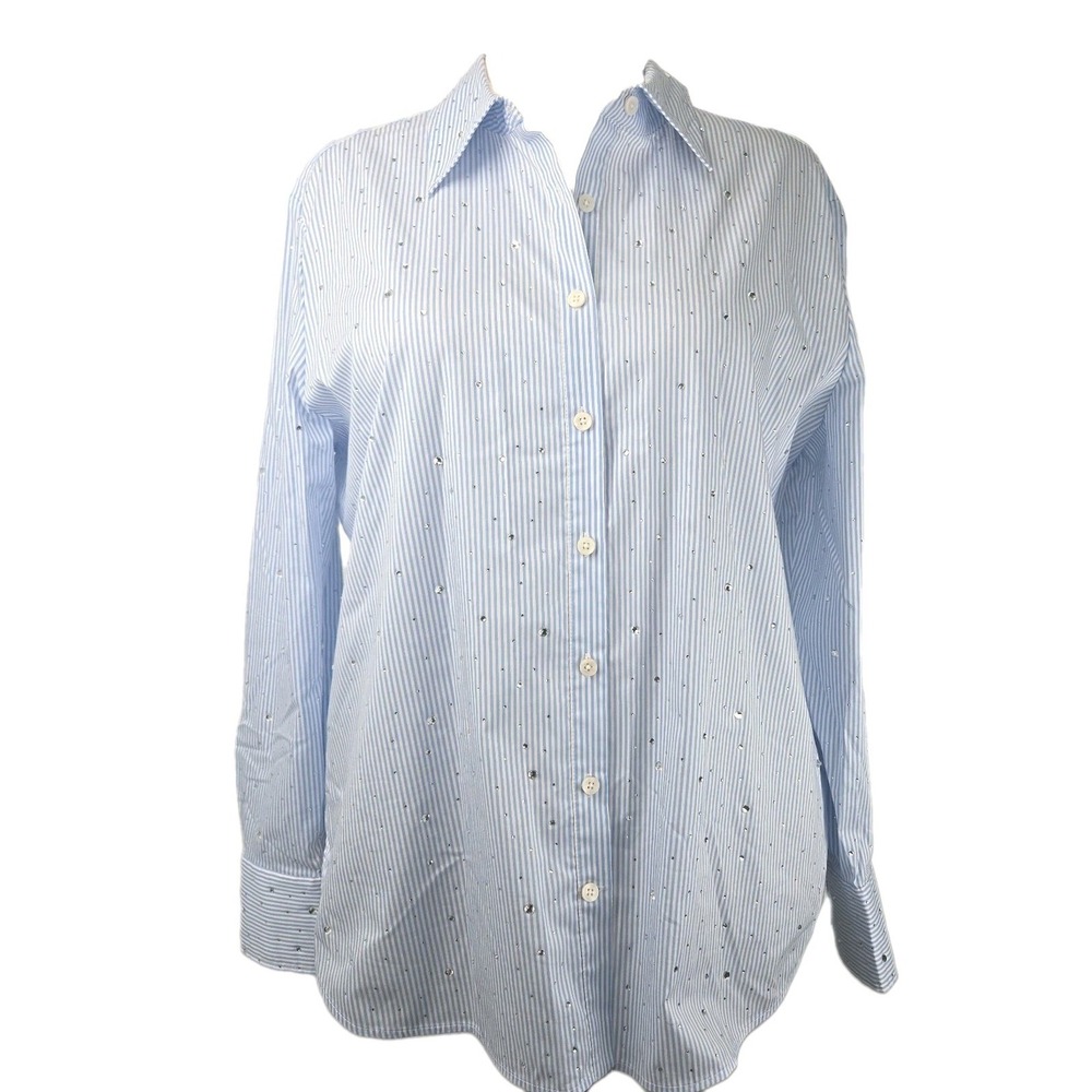 Chico's Sz. 3.5 (18) Blue White Rhinestone Embellished Long Sleeve Button-up Top